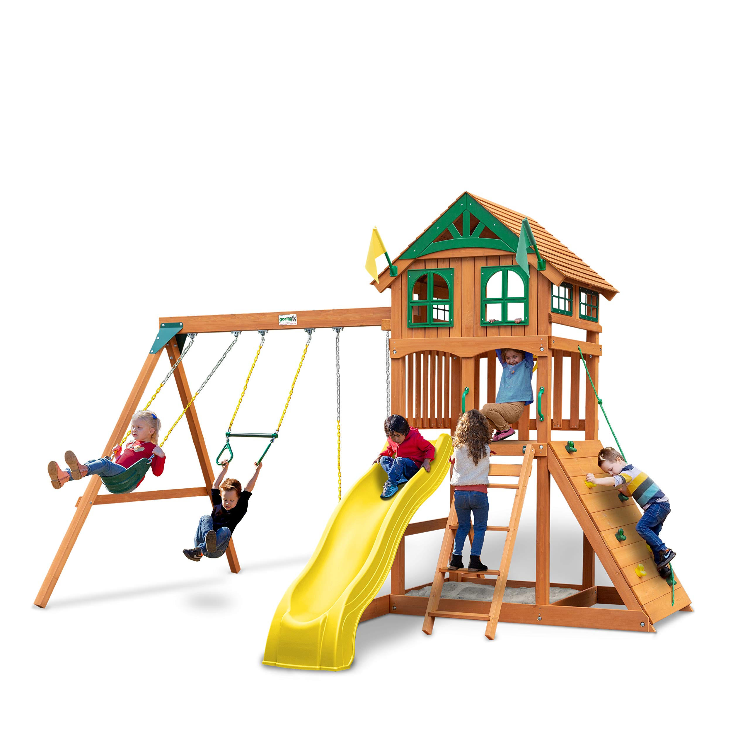 【Sports&Outdoors】【BS】Gorilla Playsets Outdoor Wood Swing Set with Wood Roof & Yellow Slide, Amber