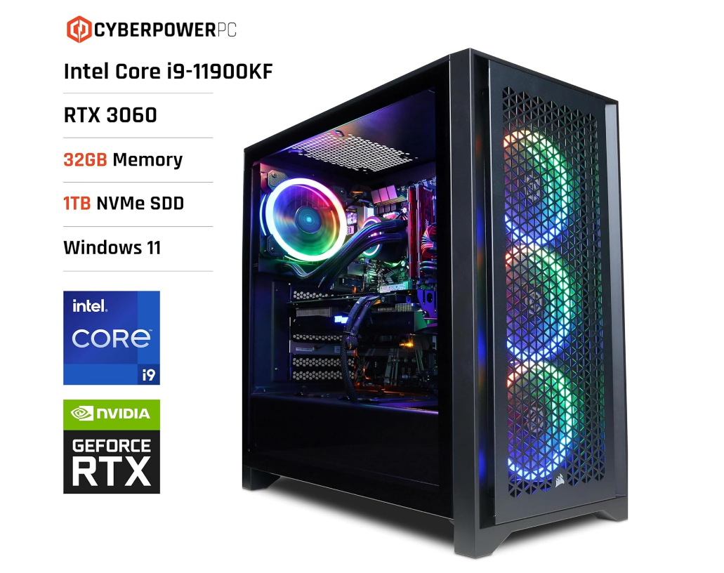 CYBERPOWERPC Luxe Gaming PC - Intel Core i9-11900KF, Nvidia RTX 3060 12GB, 32GB RAM, 1TB NVMe SSD, 650W 80+ PSU, Wi-Fi, Liquid Cooling, Windows 11, 4000D Airflow