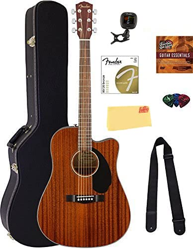 Fender CD-60SCE Solid Top Dreadnought Acoustic-Electric Guitar - All Mahogany Bundle with Hard Case, Instrument Cable, Tuner, Strap, Strings, Picks, Instructional DVD, and Polishing Cloth
