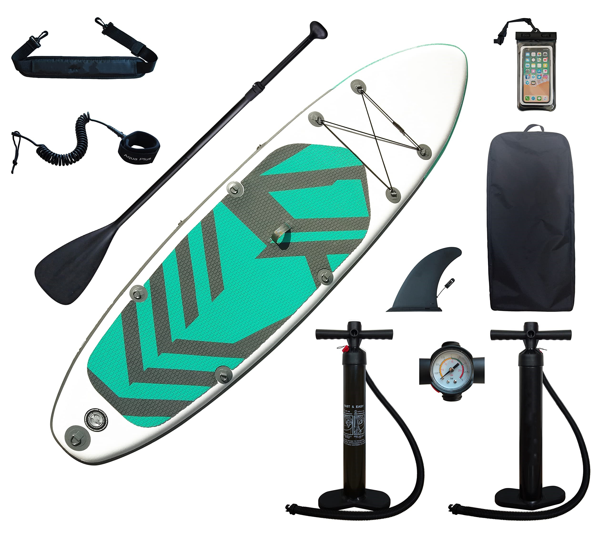 Aqua Plus 6inches Thick Inflatable SUP for All Skill Levels Stand Up Paddle Board,Paddle,Double Action Pump,ISUP Travel Backpack, Leash,Shoulder Strap,Youth,Adult Inflatable Paddle Board