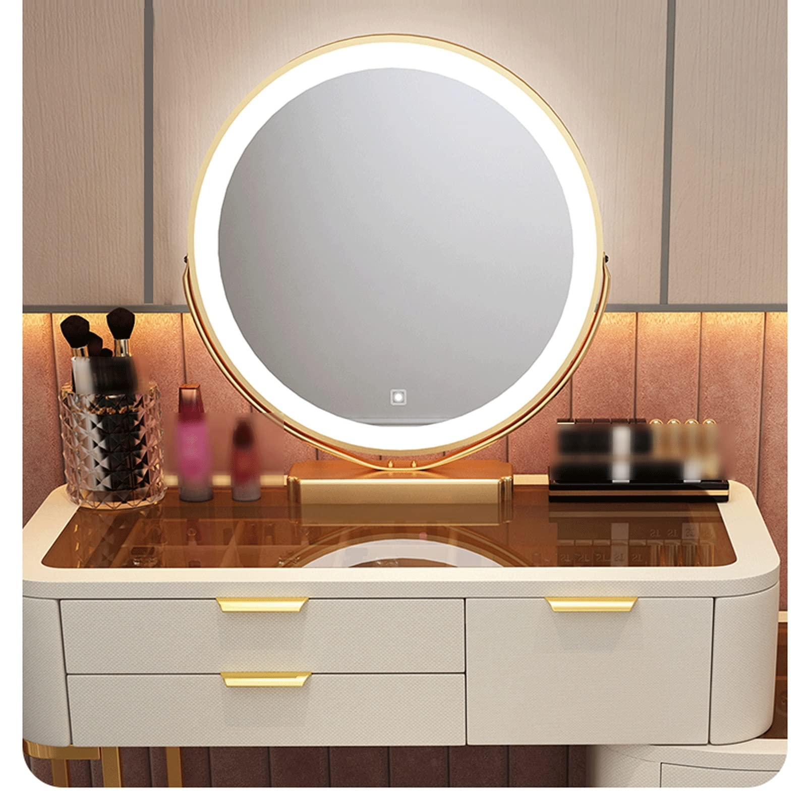 Vanity Desk with Mirror & Lights Glass Dressing Table Bedroom Dressing Storage Cabinet