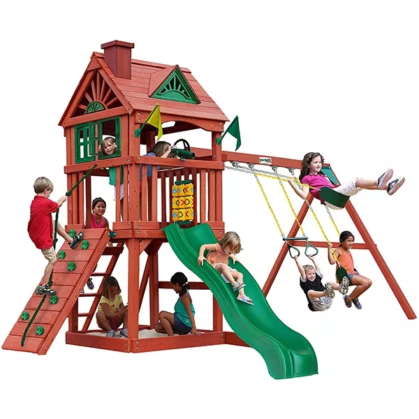 WOODEN SWING SET WITH WOODEN ROOF, TWO SWINGS, SLIDING