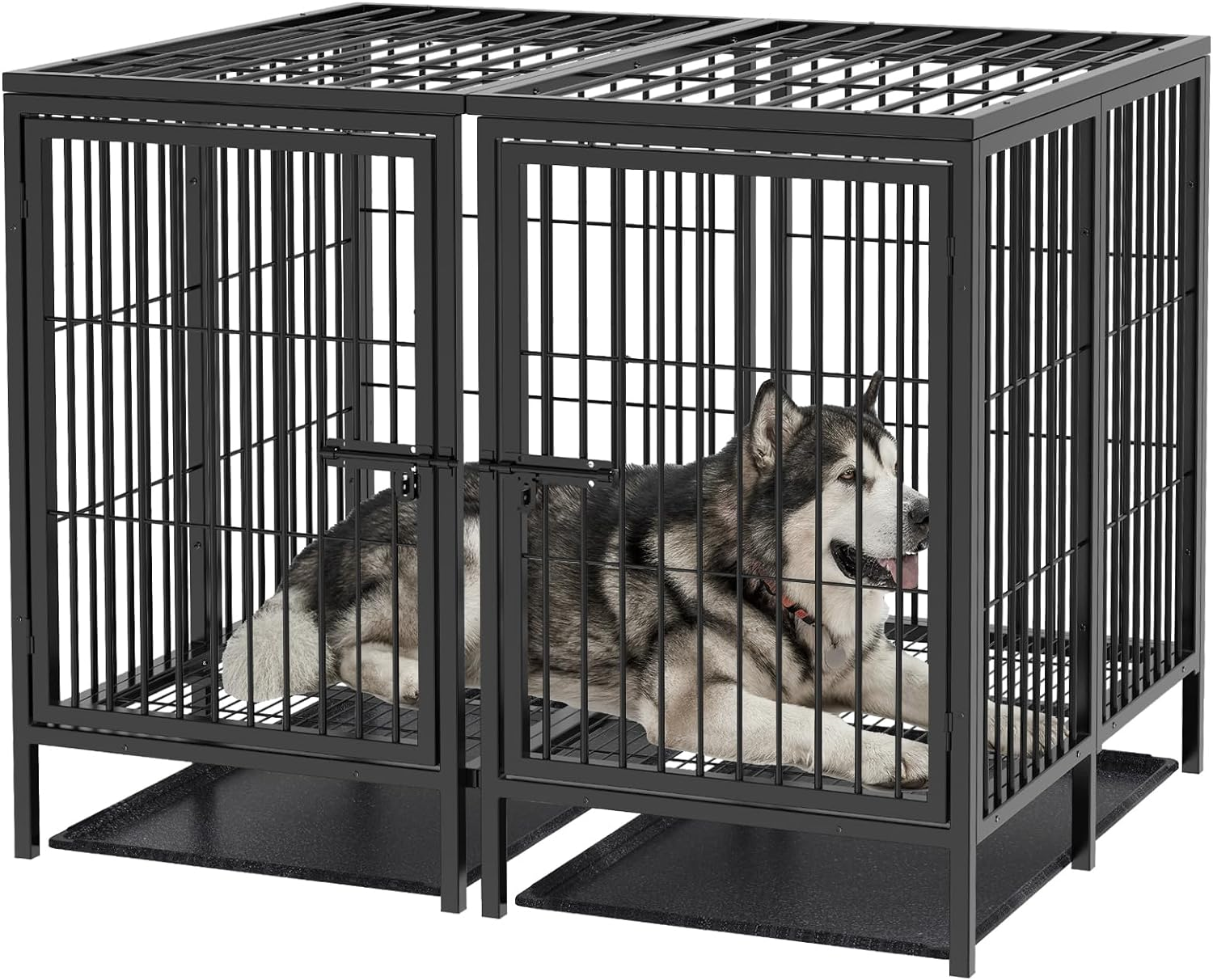 52 Inch Extra Large Huge Metal Pet Cage with Removable Divider Panel - Indoor Higher Inner Space Doggy Playpen Kennel with Two Doors and Trays for Small Medium Large Dogs