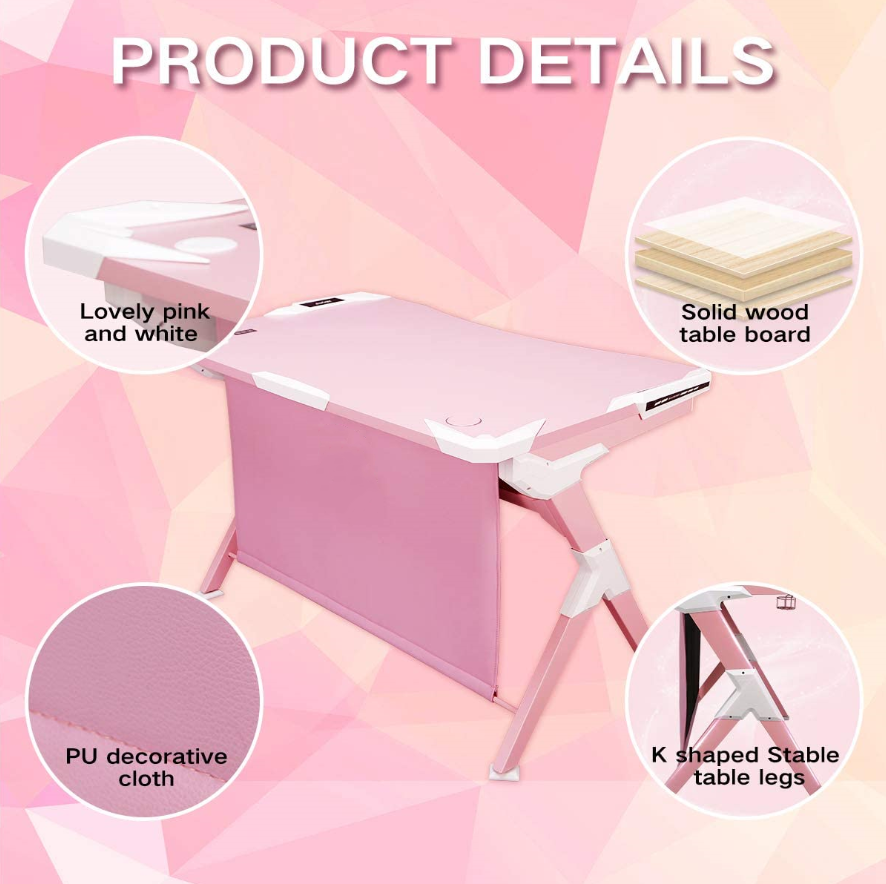 Pink Ergonomic Large Gaming Table 48 Inch Cute Computer Desk, Computer Chair with Smart Built-in Wireless Charging Pad Gaming Table Pro with 7 Colors LED Lights