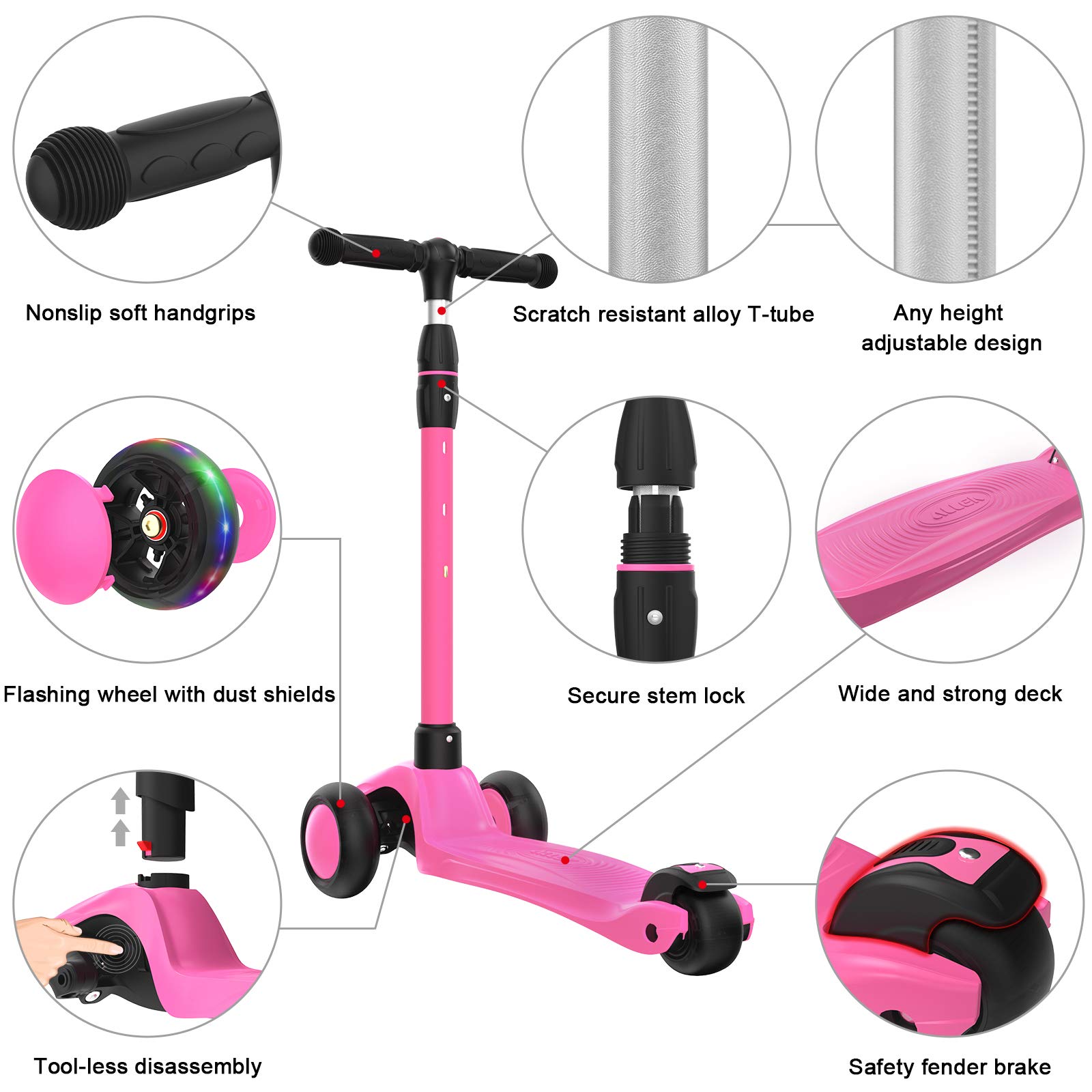 Allek Kick Scooter B03, Lean 'N Glide 3-Wheeled Push Scooter with Extra Wide PU Light-Up Wheels, Any Height Adjustable Handlebar and Strong Thick Deck for Children from 3-12yrs (Rose Pink)
