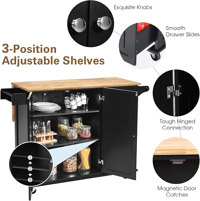 COS TWAY Kitchen Island Trolley on Wheels with Double Door Cabinet, 3 Drawers and Towel/Spice Rack, Utility Cabinet with Deciduous Rubber Wood Top and Adjustable Shelves, Suitable for Home Kitchen, Dining Room (Black)